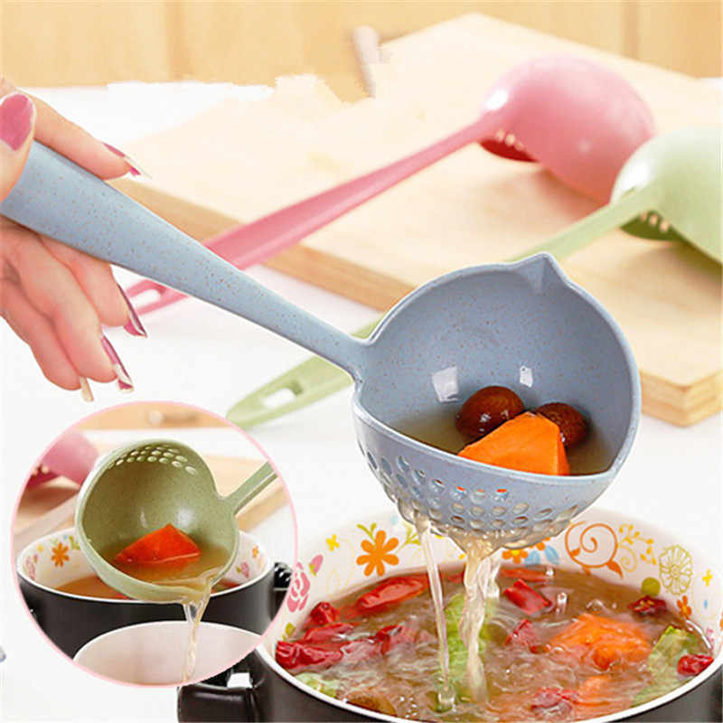 (Pack of 2) 2 In 1 Long Handle Soup Spoon Home Strainer Cooking Colander Kitchen Scoop Plastic Ladle Tableware Sifter
