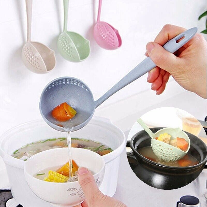 (Pack of 2) 2 In 1 Long Handle Soup Spoon Home Strainer Cooking Colander Kitchen Scoop Plastic Ladle Tableware Sifter
