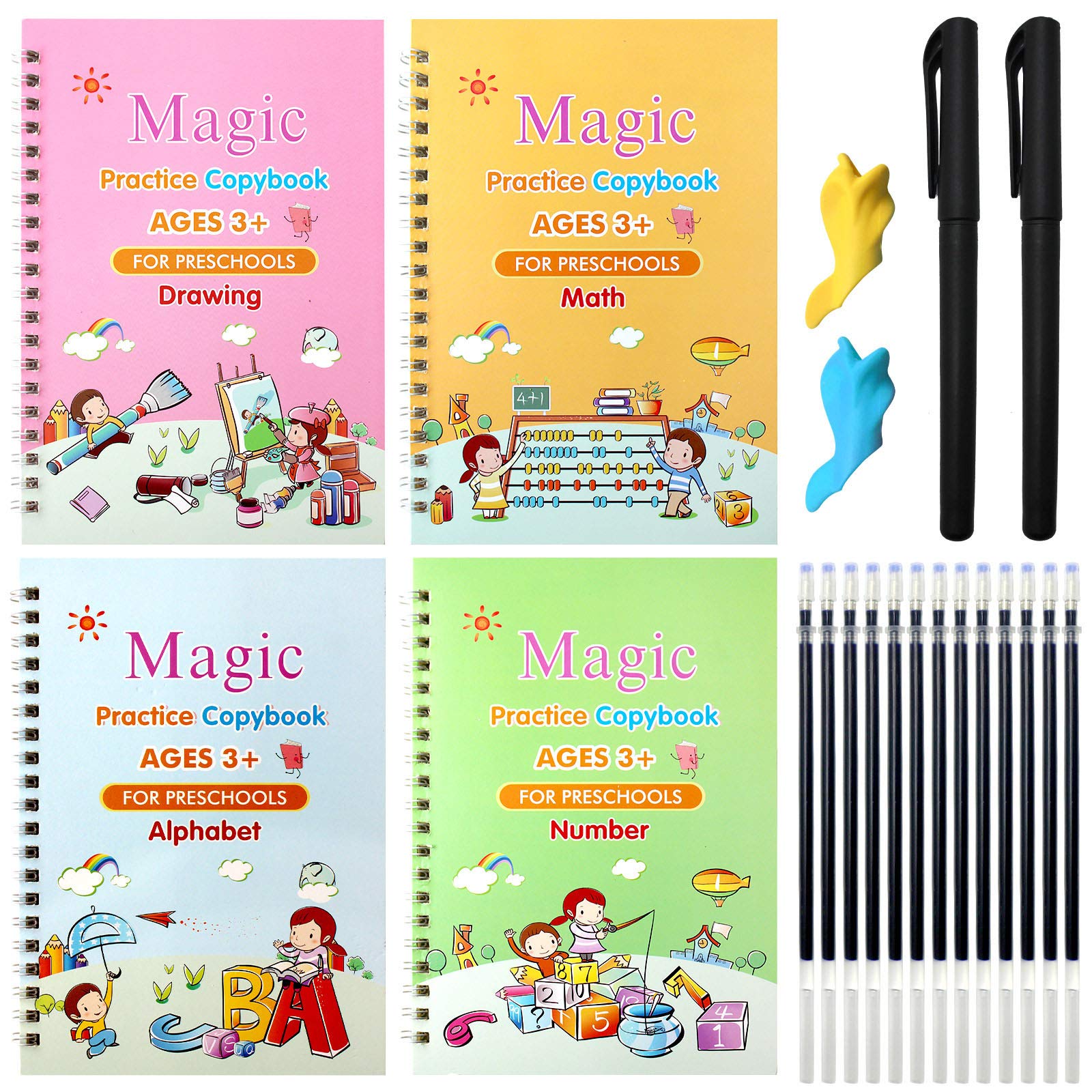 (pack of 4) Magic Practice Copybook for Kids, Children Reusable Handwriting Practice Copy Books for Preschools Magic Workbook Letter Writing Book