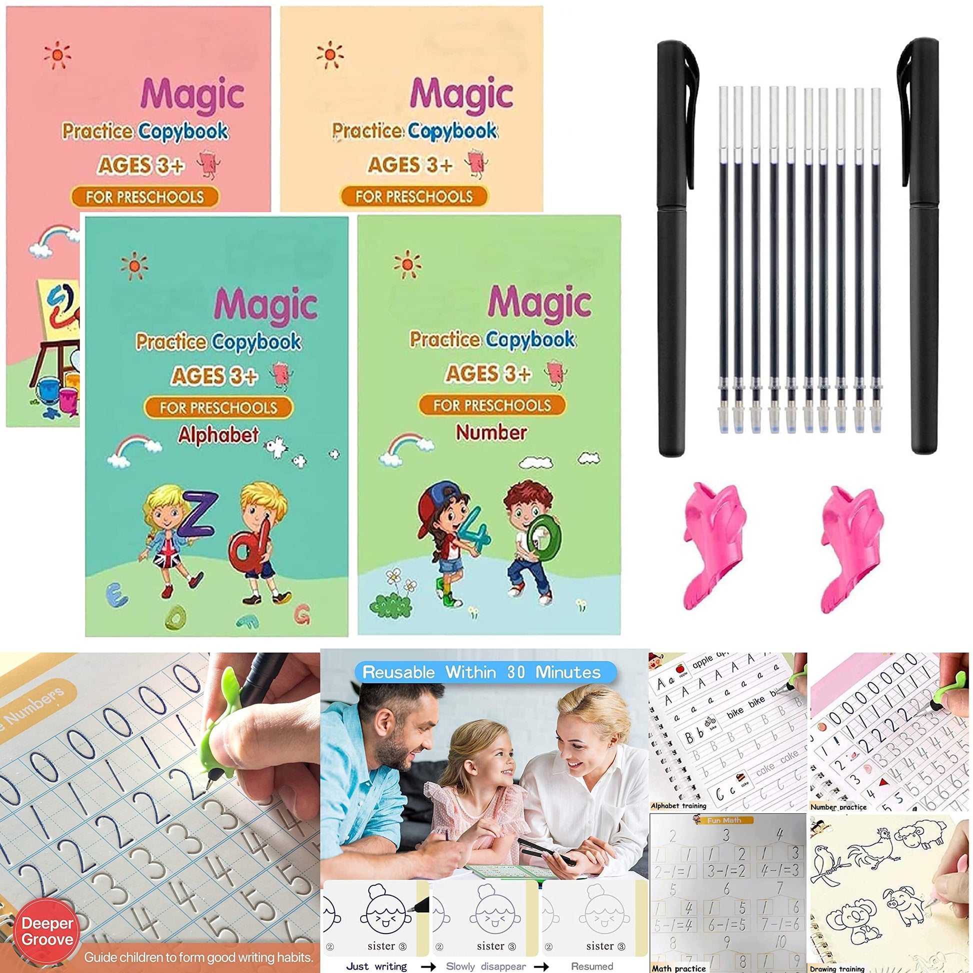 (pack of 4) Magic Practice Copybook for Kids, Children Reusable Handwriting Practice Copy Books for Preschools Magic Workbook Letter Writing Book