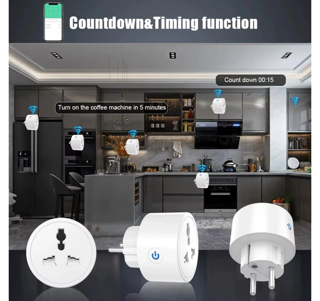 Smart plugs with countdown and timing function in a kitchen setting