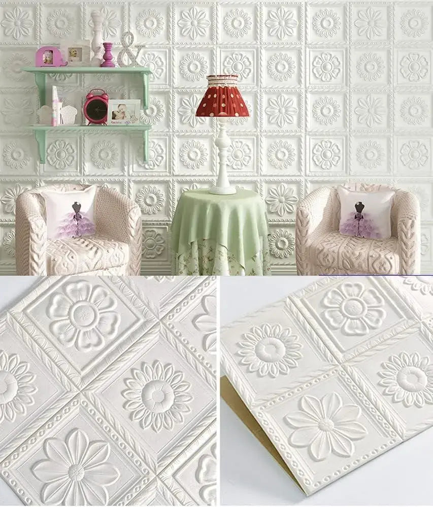 Premium 3D Self-Adhesive Wall Sheets – White & Gold Floral Pattern