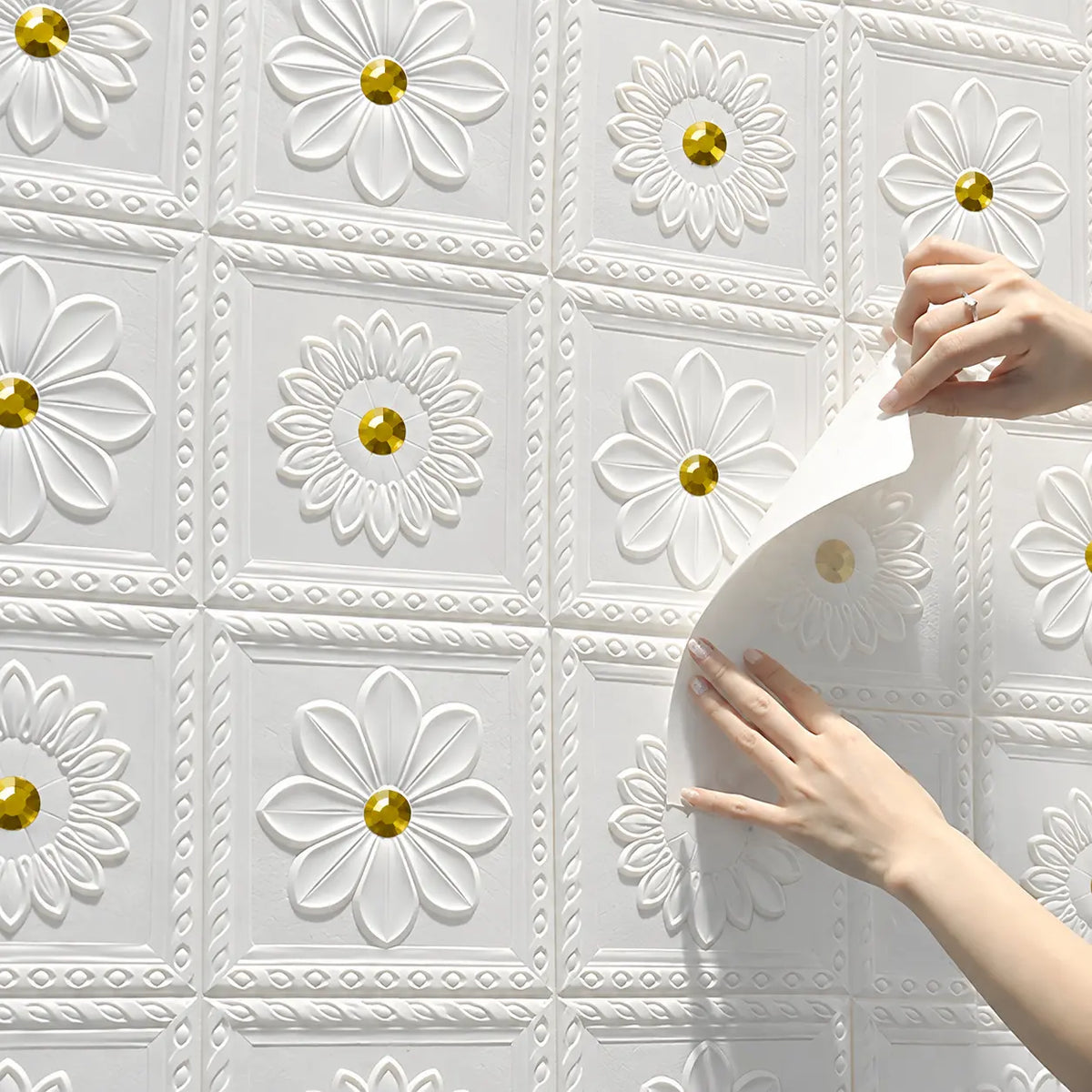 Premium 3D Self-Adhesive Wall Sheets – White & Gold Floral Pattern
