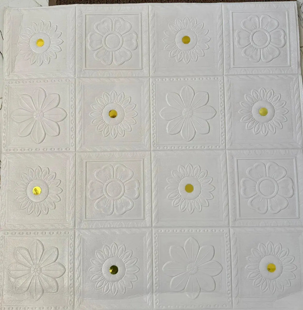 Premium 3D Self-Adhesive Wall Sheets – White & Gold Floral Pattern D26