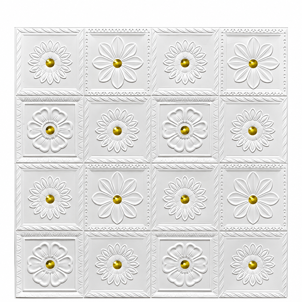 Premium 3D Self-Adhesive Wall Sheets – White & Gold Floral Pattern D26