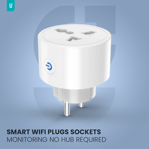 Smart WiFi plug socket on a light blue background with text indicating no hub is required.