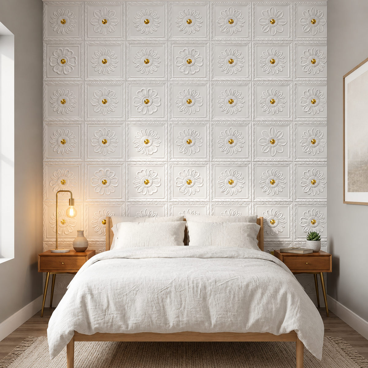 Premium 3D Self-Adhesive Wall Sheets – White & Gold Floral Pattern