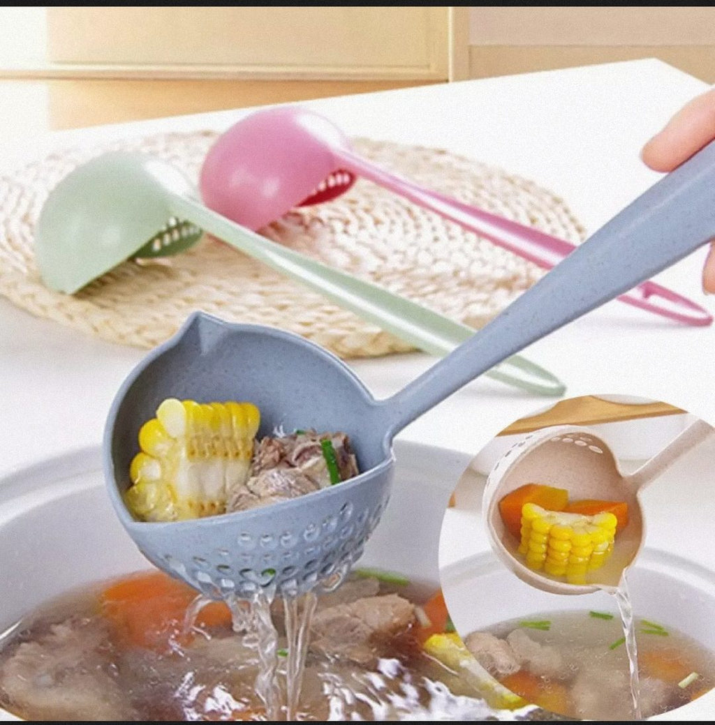 (Pack of 2) 2 In 1 Long Handle Soup Spoon Home Strainer Cooking Colander Kitchen Scoop Plastic Ladle Tableware Sifter