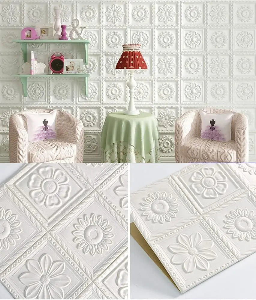 Premium 3D Self-Adhesive Wall Sheets – White & Gold Floral Pattern