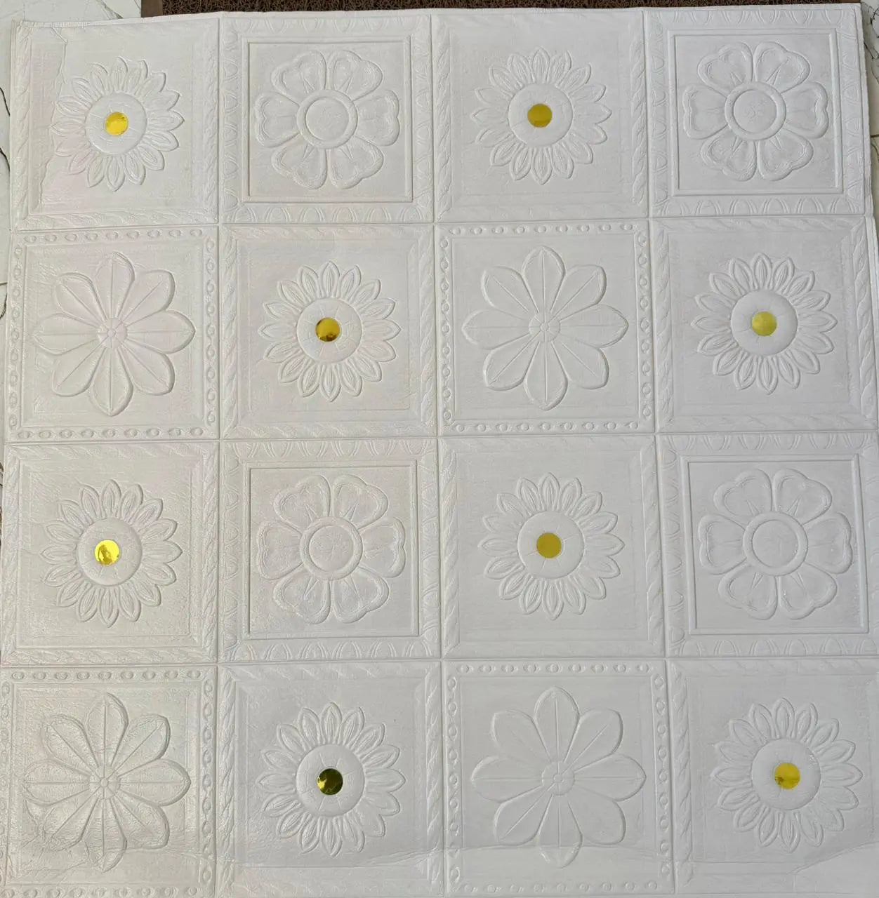 Premium 3D Self-Adhesive Wall Sheets – White & Gold Floral Pattern