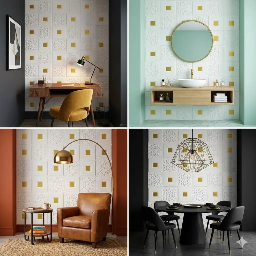 Premium 3D Self-Adhesive Wall Sheets – White & Gold Floral Pattern