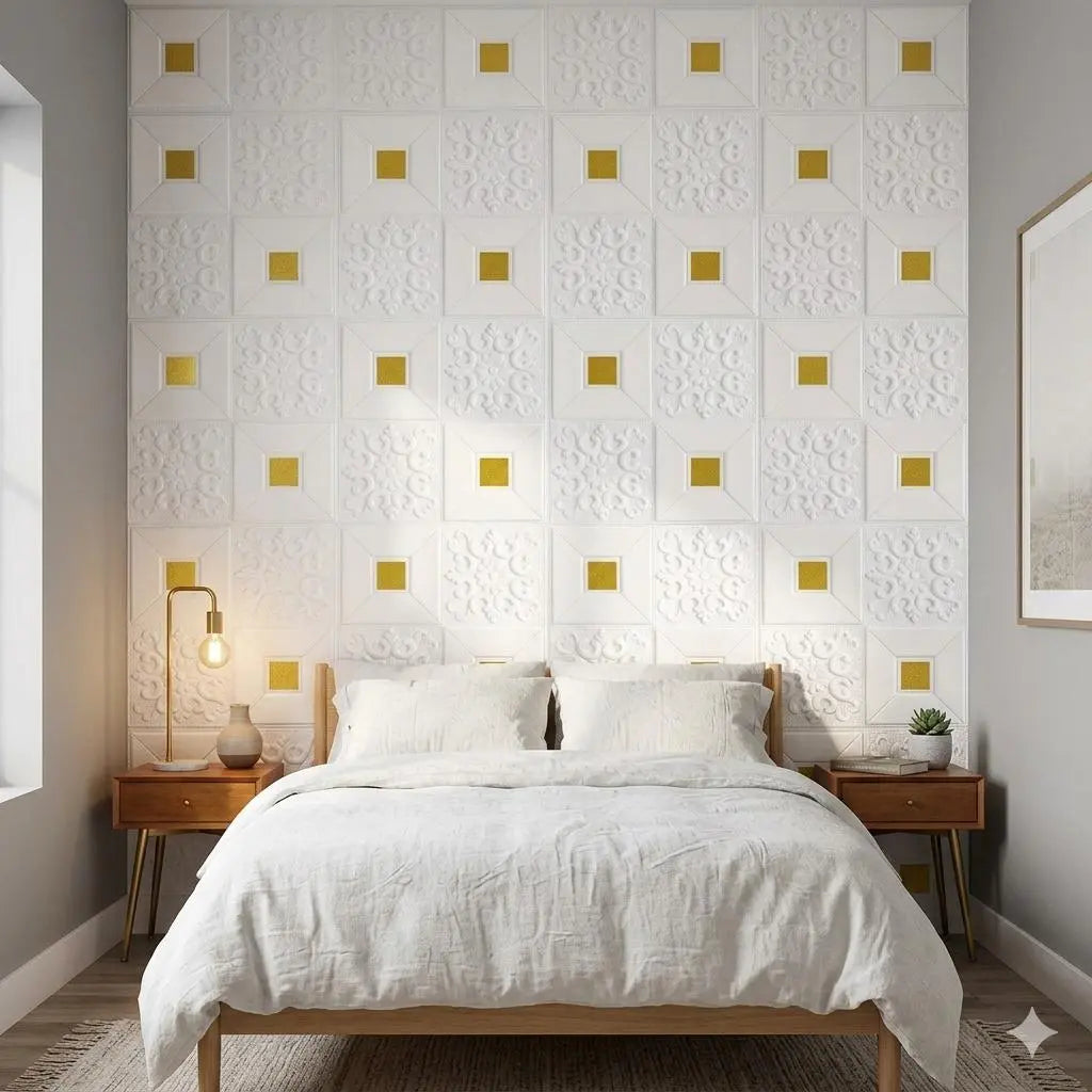 Premium 3D Self-Adhesive Wall Sheets – White & Gold Floral Pattern