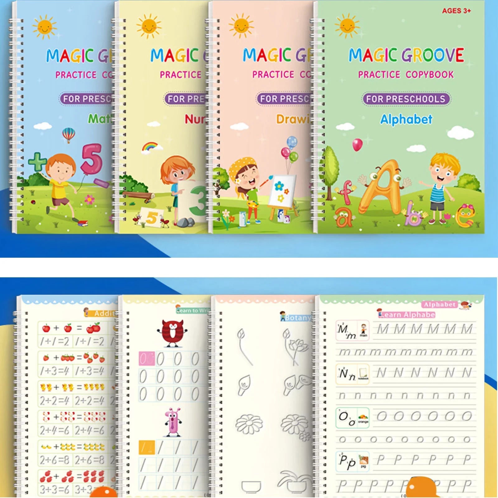 (pack of 4) Magic Practice Copybook for Kids, Children Reusable Handwriting Practice Copy Books for Preschools Magic Workbook Letter Writing Book