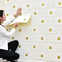 Premium 3D Self-Adhesive Wall Sheets – White & Gold Floral Pattern