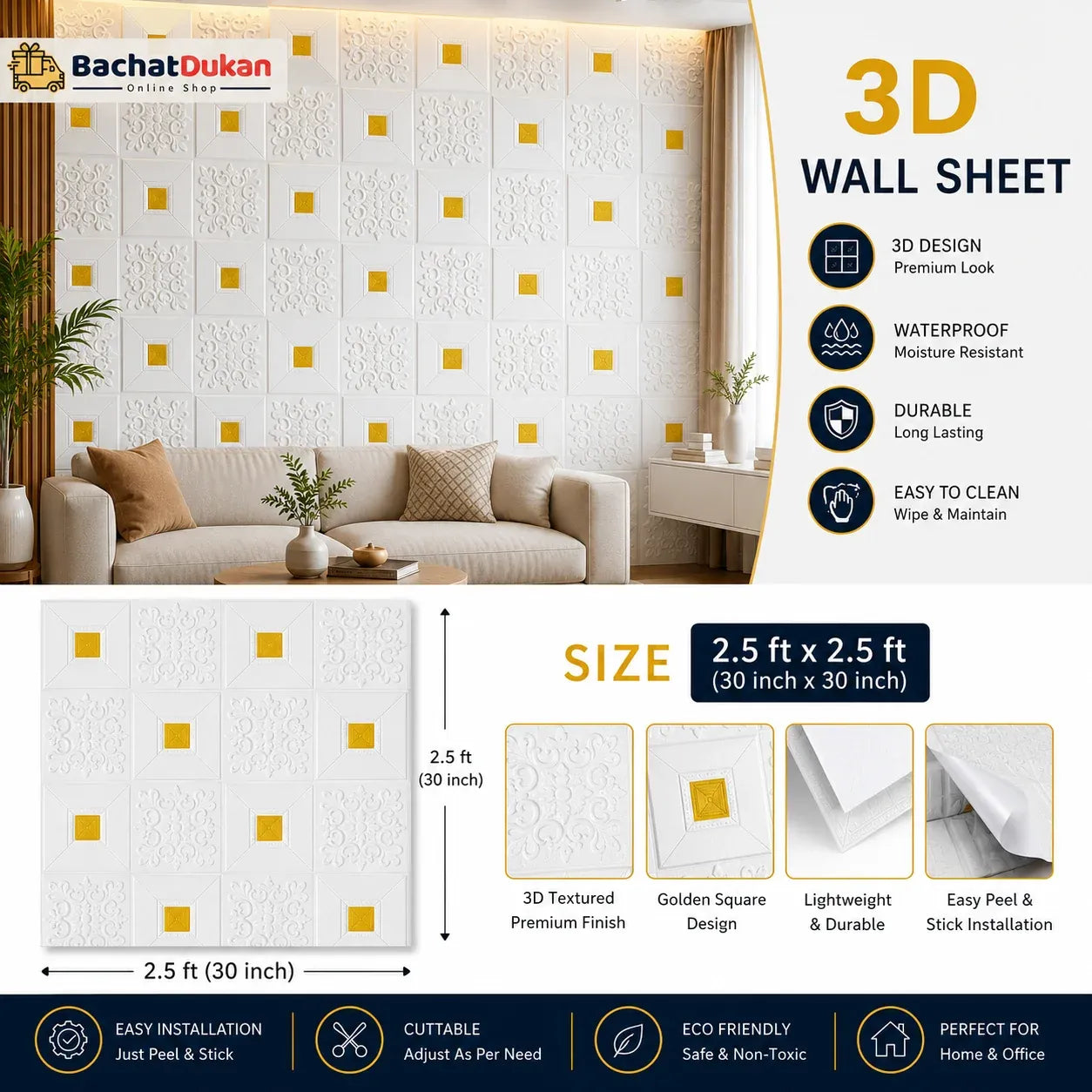 Premium 3D Self-Adhesive Wall Sheets – White & Gold Floral Pattern