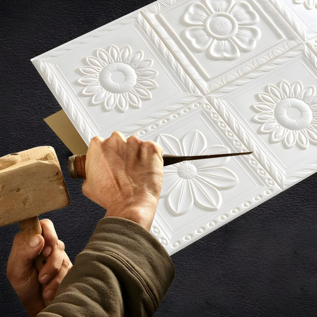Premium 3D Self-Adhesive Wall Sheets – White & Gold Floral Pattern D26