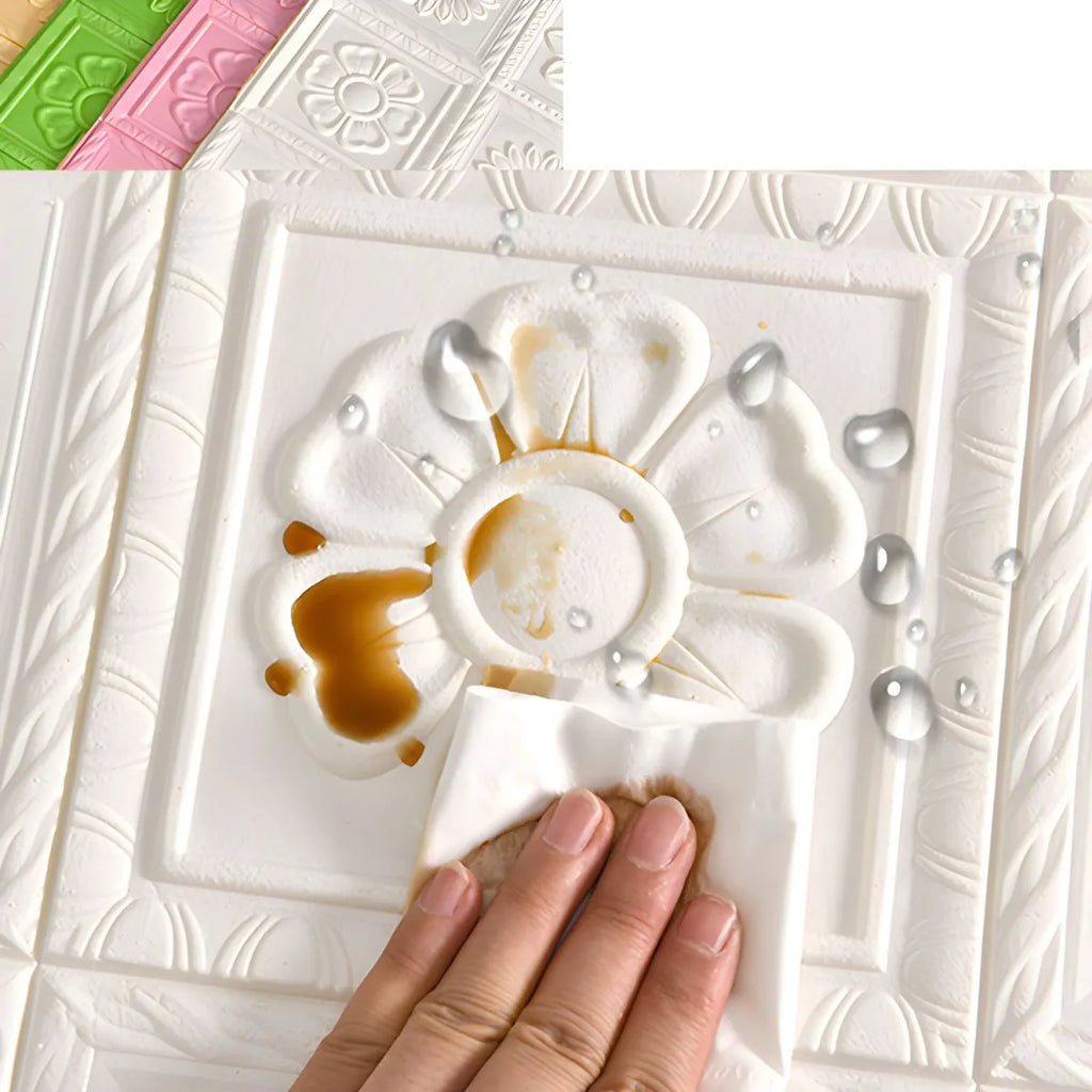 Premium 3D Self-Adhesive Wall Sheets – White & Gold Floral Pattern D26