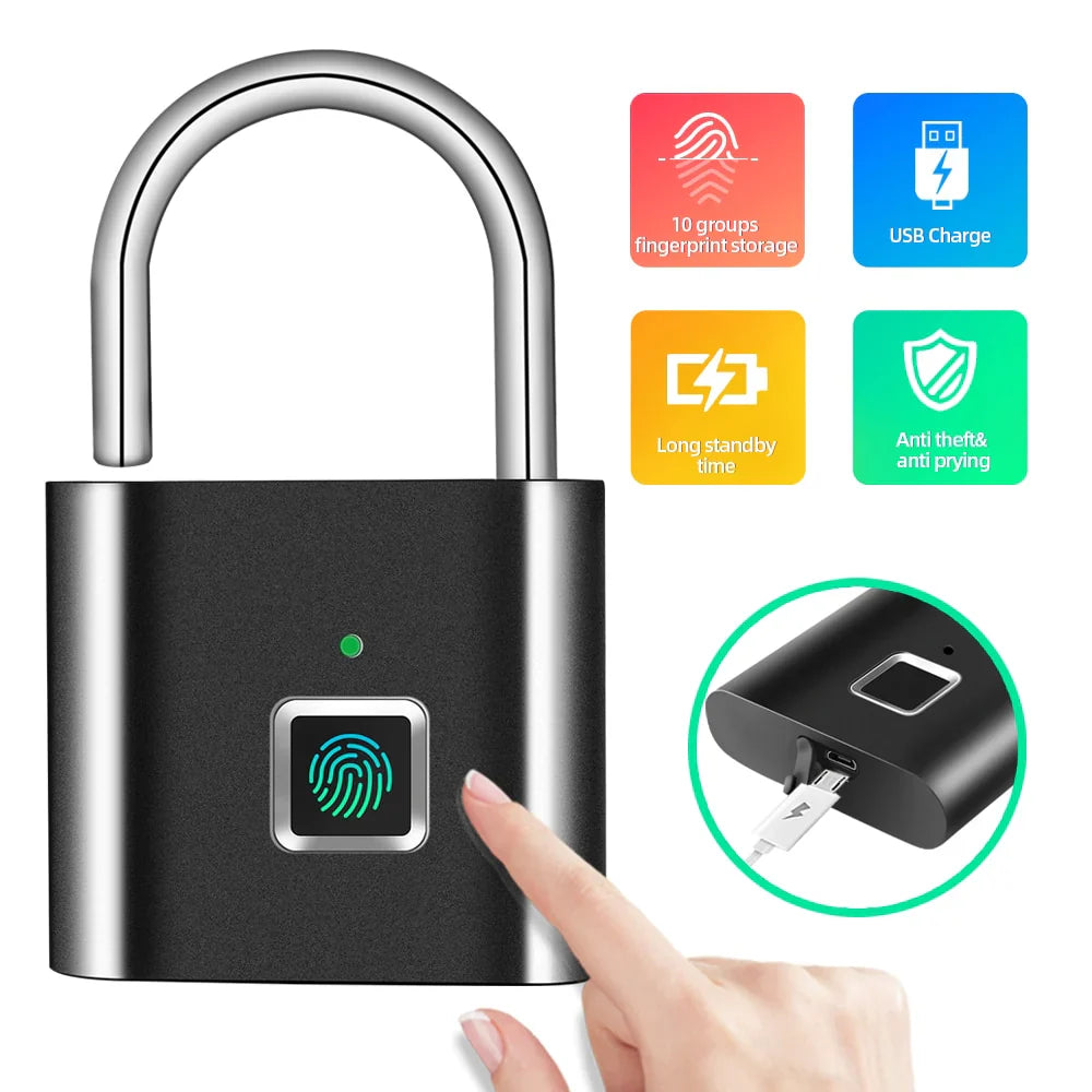 Smart Fingerprint Padlock Waterproof Biometric Fingerprint Lock USB Rechargeable