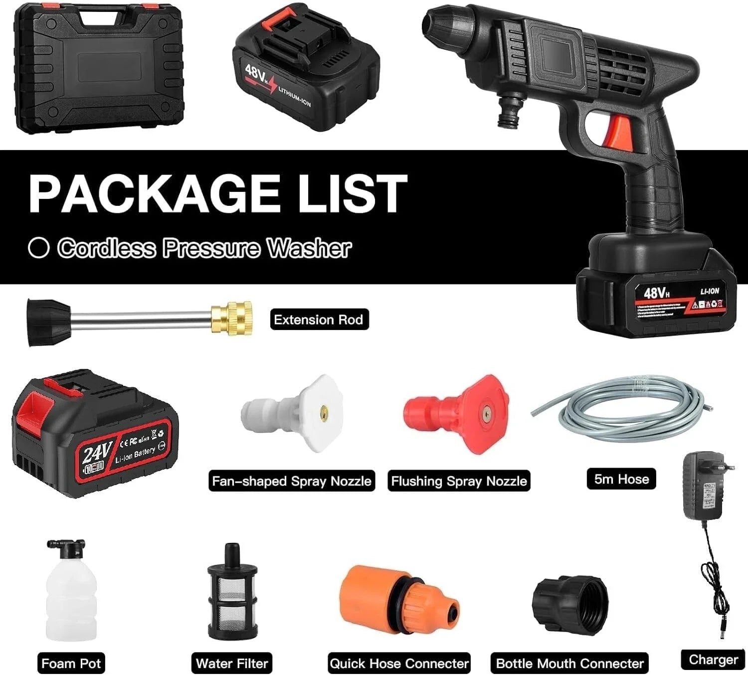 Rechargeable Lithium Electric Water Gun, Car Wash Water Gun, Power Car Washer, Portable Car Washer, 48HV, English Instruction Manual Included