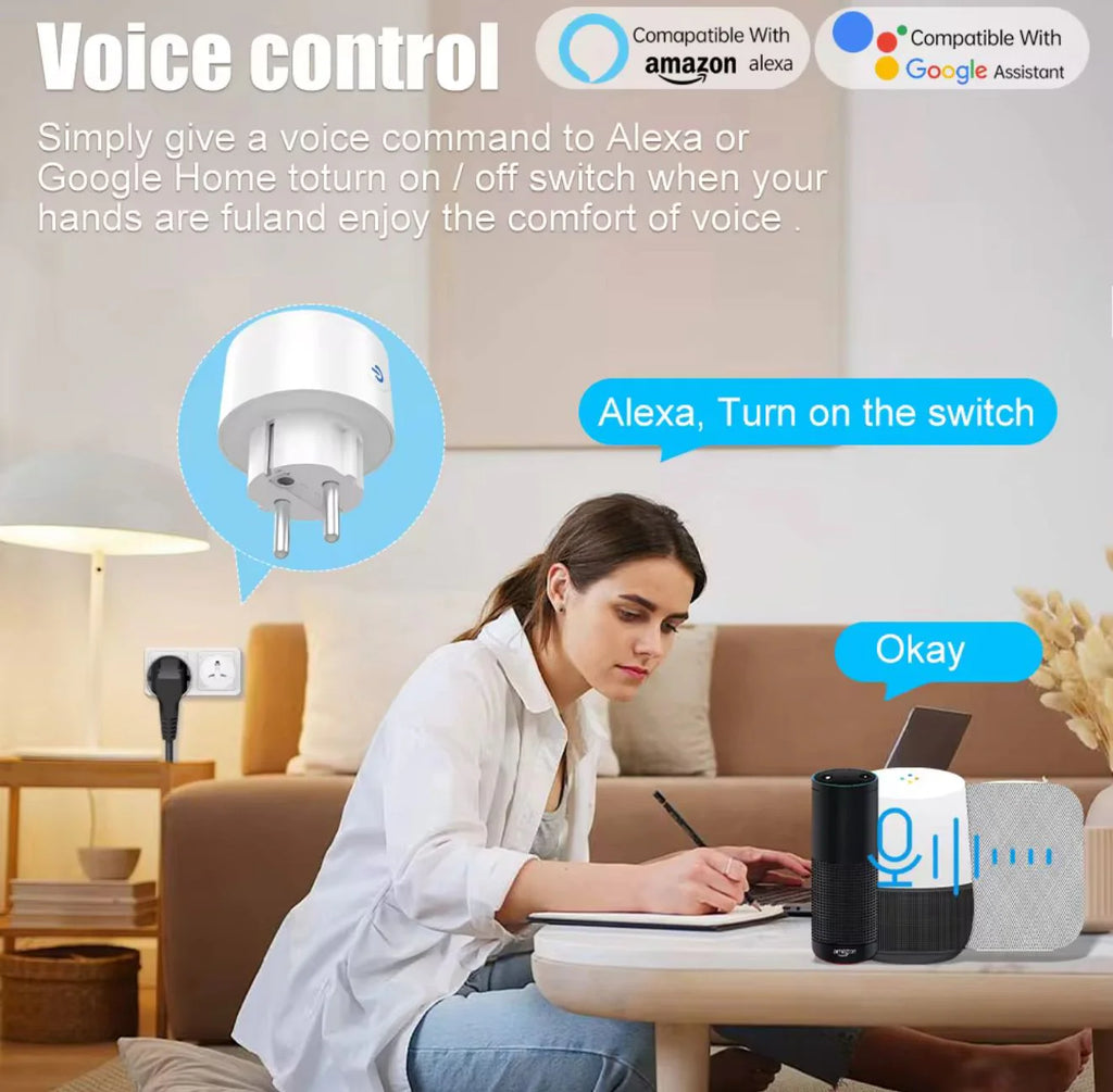 Smart home device with Alexa and Google Assistant compatibility, shown in a living room setting.