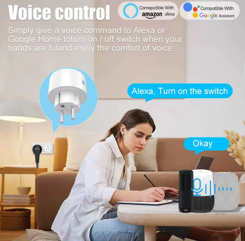 Smart home device with Alexa and Google Assistant compatibility, shown in a living room setting.